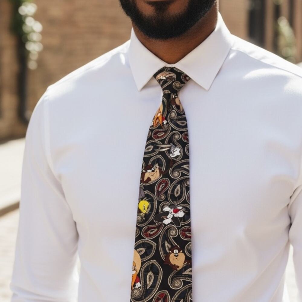 VINTAGE 90’s LOONEY TUNES Tie Black Paisley Bugs Tweety Taz Sylvester Sam1899-13